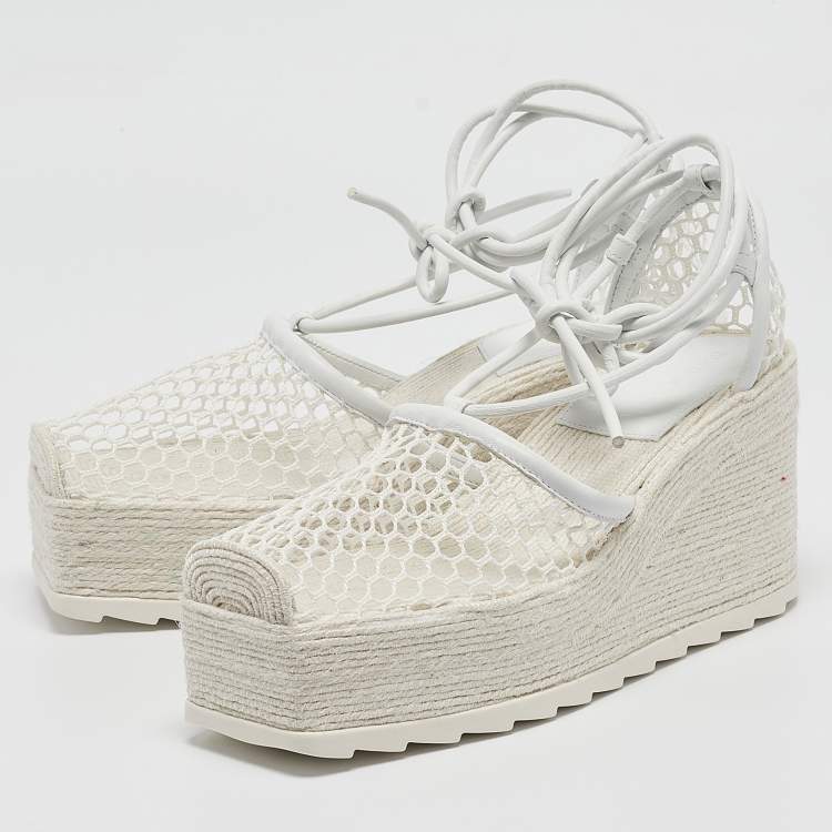 Pre Owned Bottega Veneta White Mesh and Leather Wedge Platform Espadrille Ankle Wrap Sandals Size 39