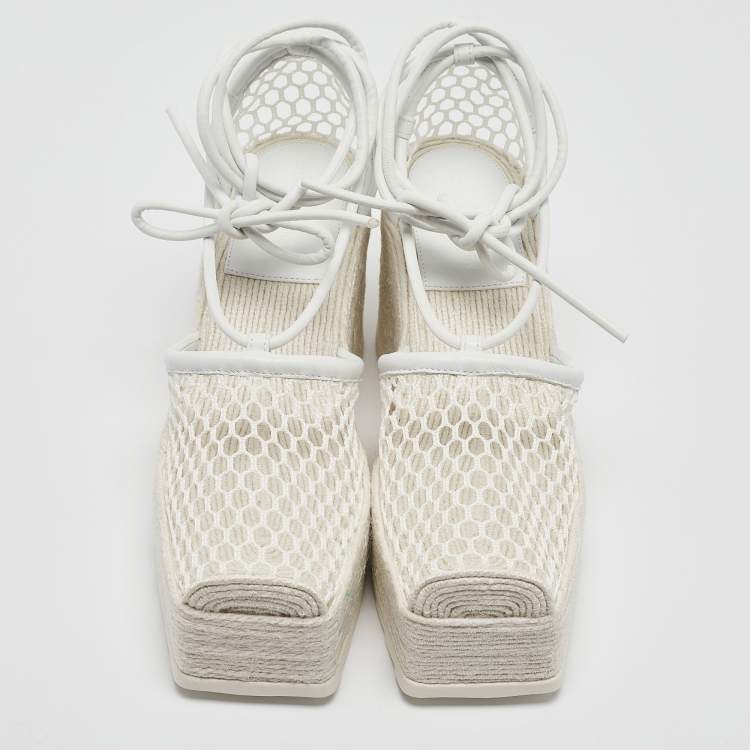 Pre Owned Bottega Veneta White Mesh and Leather Wedge Platform Espadrille Ankle Wrap Sandals Size 39