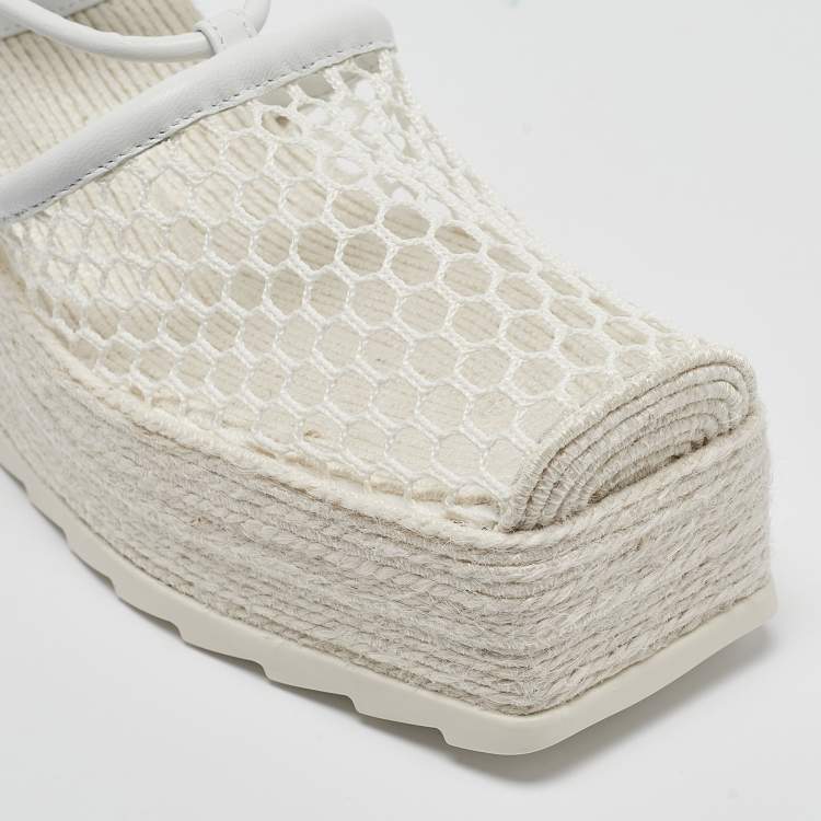 Pre Owned Bottega Veneta White Mesh and Leather Wedge Platform Espadrille Ankle Wrap Sandals Size 39