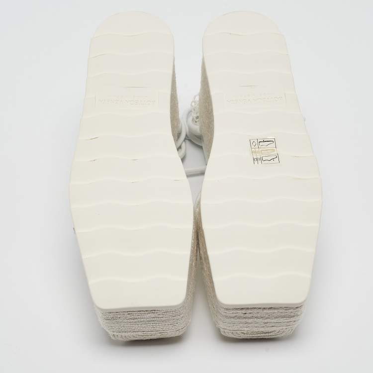 Pre Owned Bottega Veneta White Mesh and Leather Wedge Platform Espadrille Ankle Wrap Sandals Size 39