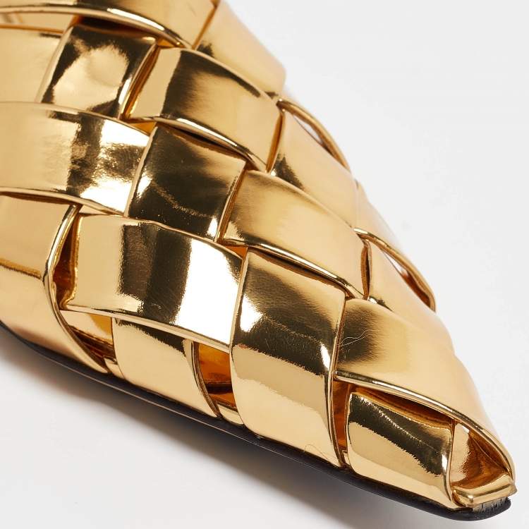 Pre Owned Bottega Veneta Gold Intrecciato Leather Alfie Flat Mules Size 38