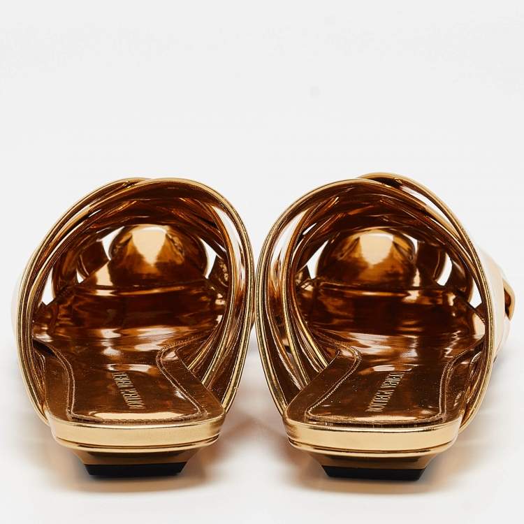 Pre Owned Bottega Veneta Gold Intrecciato Leather Alfie Flat Mules Size 38