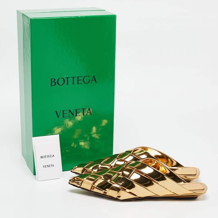 Pre Owned Bottega Veneta Gold Intrecciato Leather Alfie Flat Mules Size 38