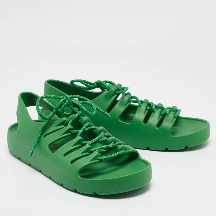 Pre Owned Bottega Veneta Green Rubber Lace Up Flat Sandals Size 41
