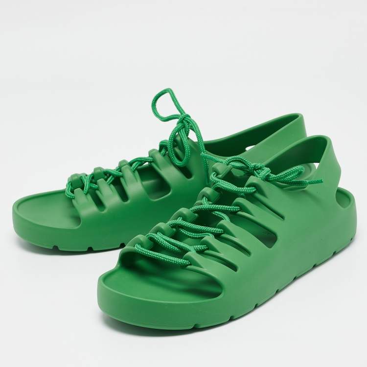 Pre Owned Bottega Veneta Green Rubber Lace Up Flat Sandals Size 41