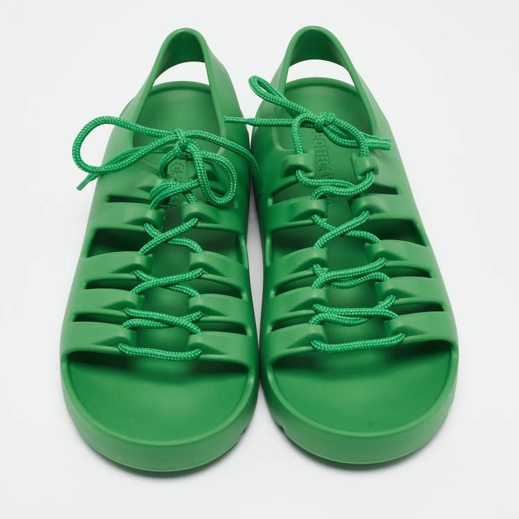 Pre Owned Bottega Veneta Green Rubber Lace Up Flat Sandals Size 41