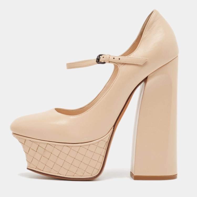 Pre Owned Bottega Veneta Beige Leather Mary Jane Pumps Size 38