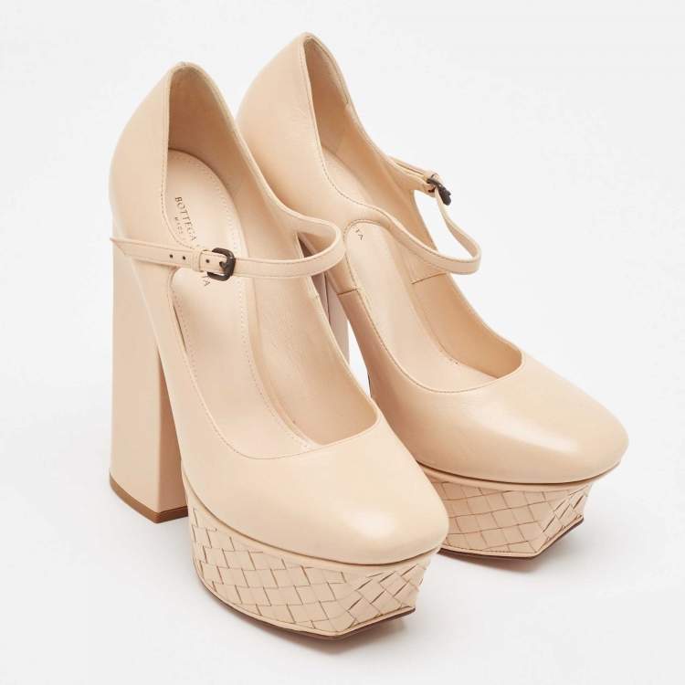 Pre Owned Bottega Veneta Beige Leather Mary Jane Pumps Size 38