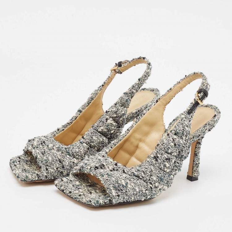 Pre Owned Bottega Veneta Green Padded Tweed Slingback Sandals Size 36