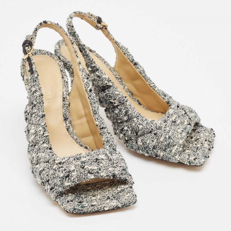 Pre Owned Bottega Veneta Green Padded Tweed Slingback Sandals Size 36