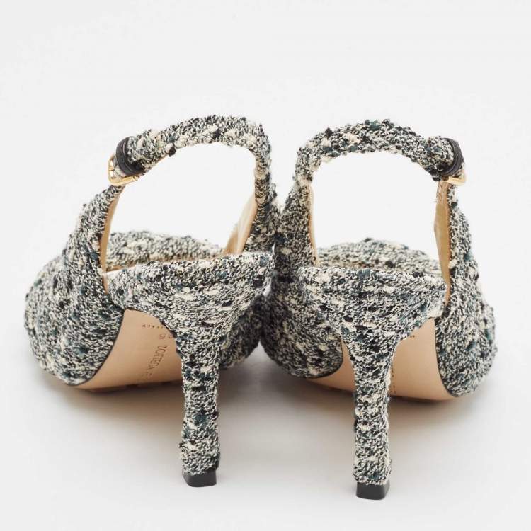 Pre Owned Bottega Veneta Green Padded Tweed Slingback Sandals Size 36
