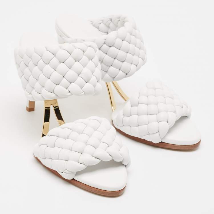 Pre Owned Bottega Veneta White Leather Intrecciato Slide Sandals Size 38.5