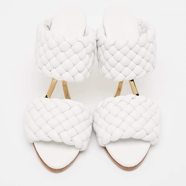 Pre Owned Bottega Veneta White Leather Intrecciato Slide Sandals Size 38.5