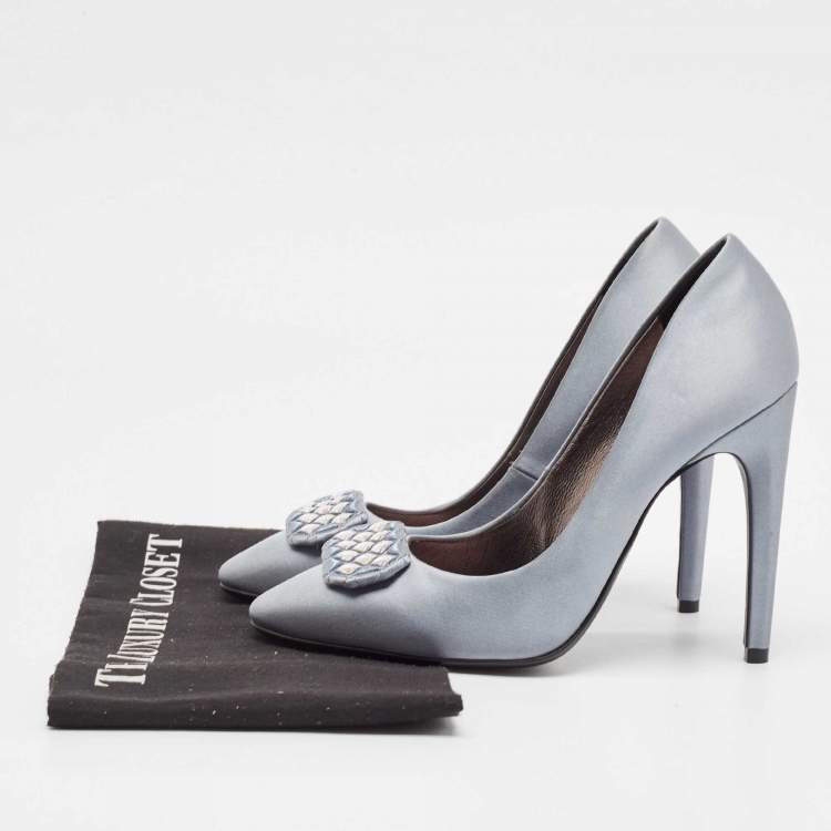 Pre Owned Bottega Veneta Grey Satin Embellished Pumps Size 38