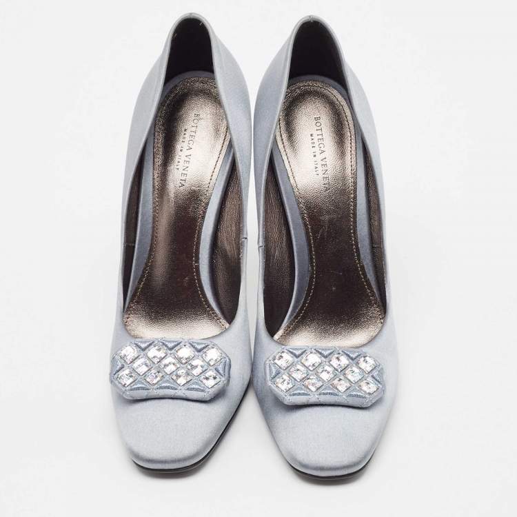 Pre Owned Bottega Veneta Grey Satin Embellished Pumps Size 38