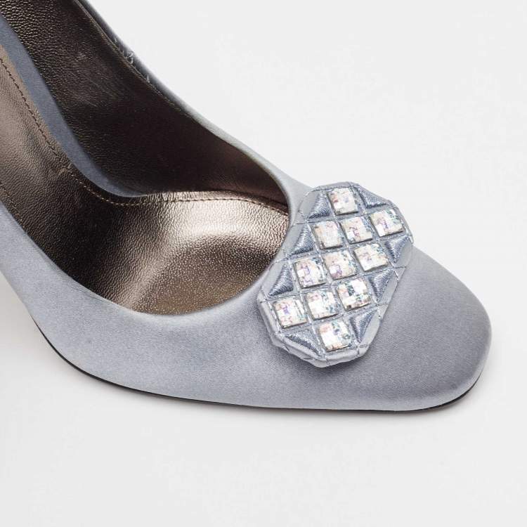 Pre Owned Bottega Veneta Grey Satin Embellished Pumps Size 38