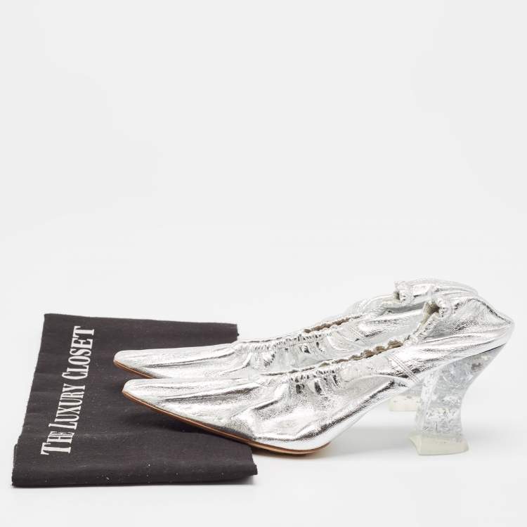 Pre Owned Bottega Veneta Silver Leather Glitter Plexiglass Almond Pumps Size 37