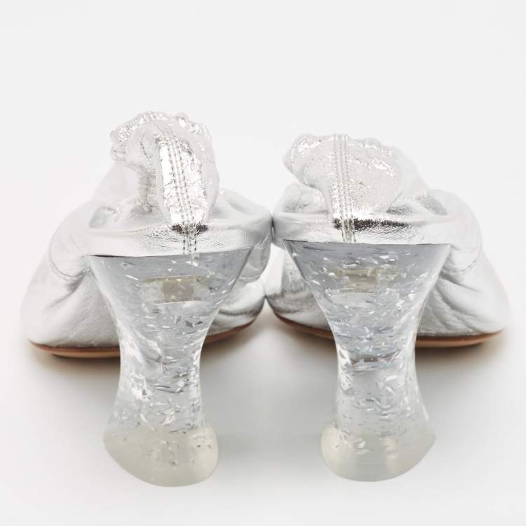 Pre Owned Bottega Veneta Silver Leather Glitter Plexiglass Almond Pumps Size 37