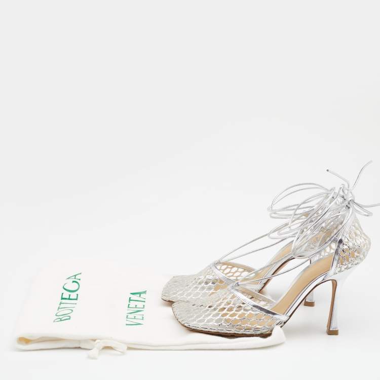 Pre Owned Bottega Veneta Silver Mesh and Leather Stretch Ankle Tie Pumps Size 39