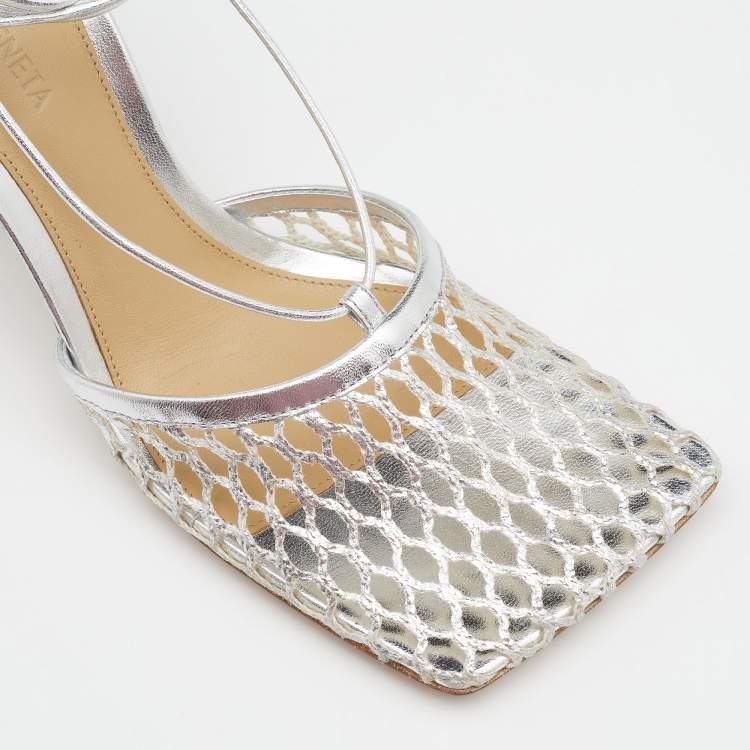 Pre Owned Bottega Veneta Silver Mesh and Leather Stretch Ankle Tie Pumps Size 39