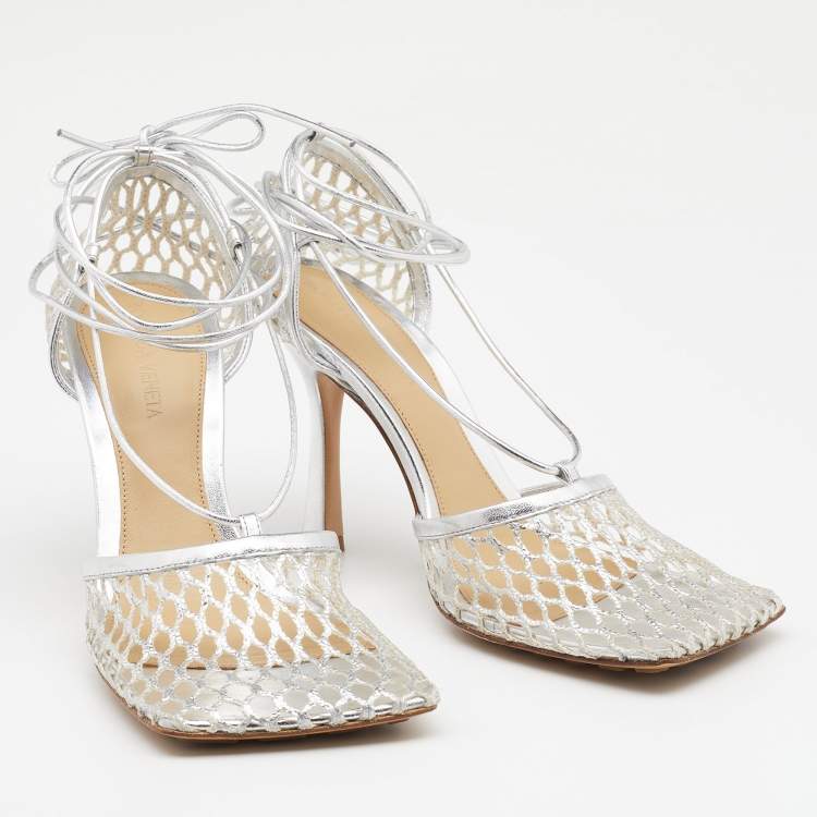 Pre Owned Bottega Veneta Silver Mesh and Leather Stretch Ankle Tie Pumps Size 39
