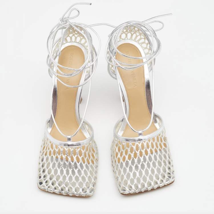 Pre Owned Bottega Veneta Silver Mesh and Leather Stretch Ankle Tie Pumps Size 39