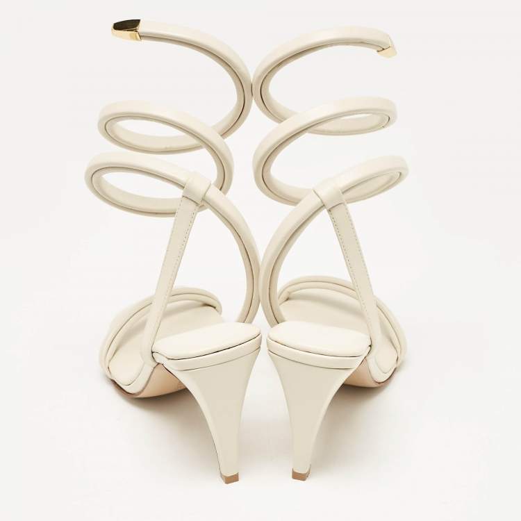 Pre Owned Bottega Veneta White Leather Spiral Ankle Wrap Sandals Size 39