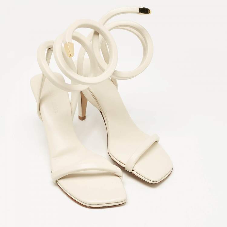 Pre Owned Bottega Veneta White Leather Spiral Ankle Wrap Sandals Size 39