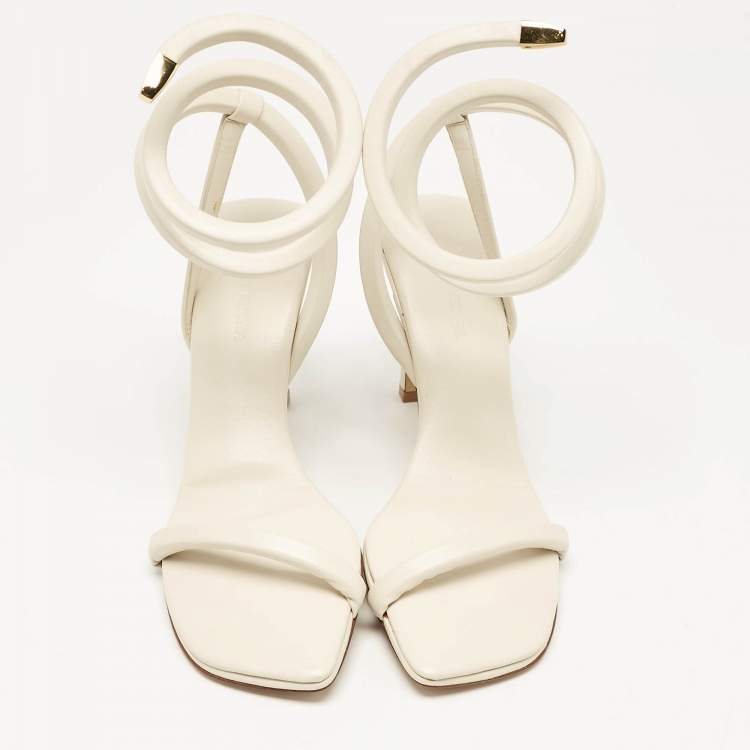 Pre Owned Bottega Veneta White Leather Spiral Ankle Wrap Sandals Size 39