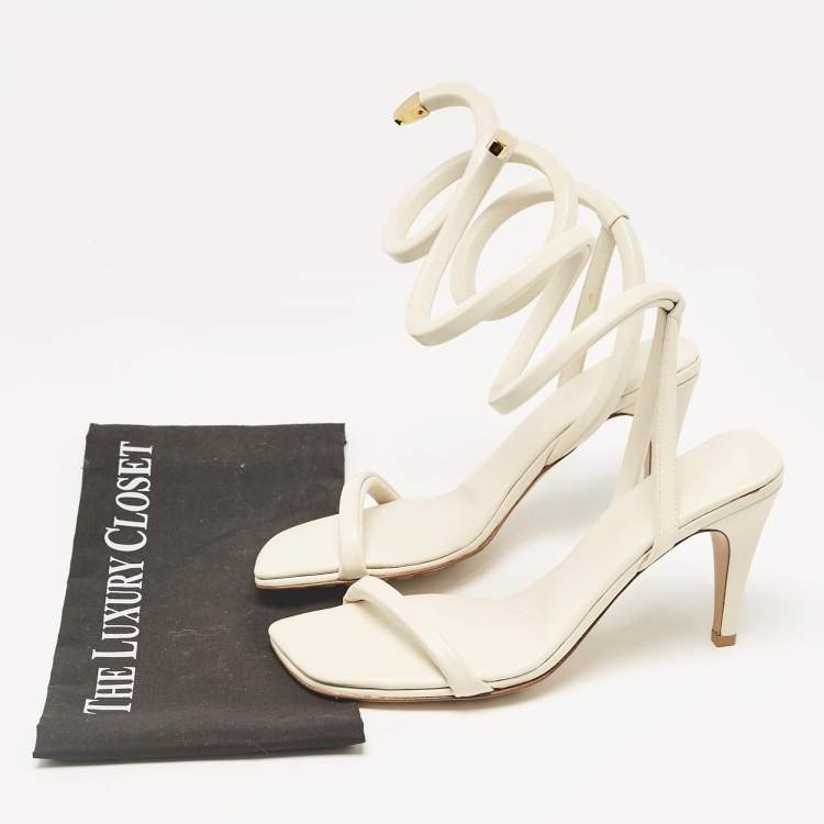 Pre Owned Bottega Veneta White Leather Spiral Ankle Wrap Sandals Size 39