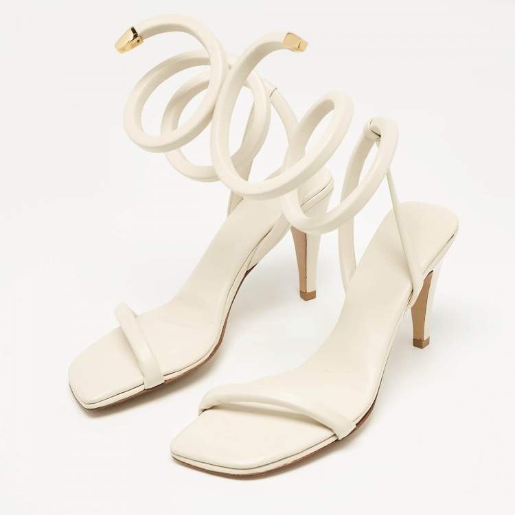Pre Owned Bottega Veneta White Leather Spiral Ankle Wrap Sandals Size 39