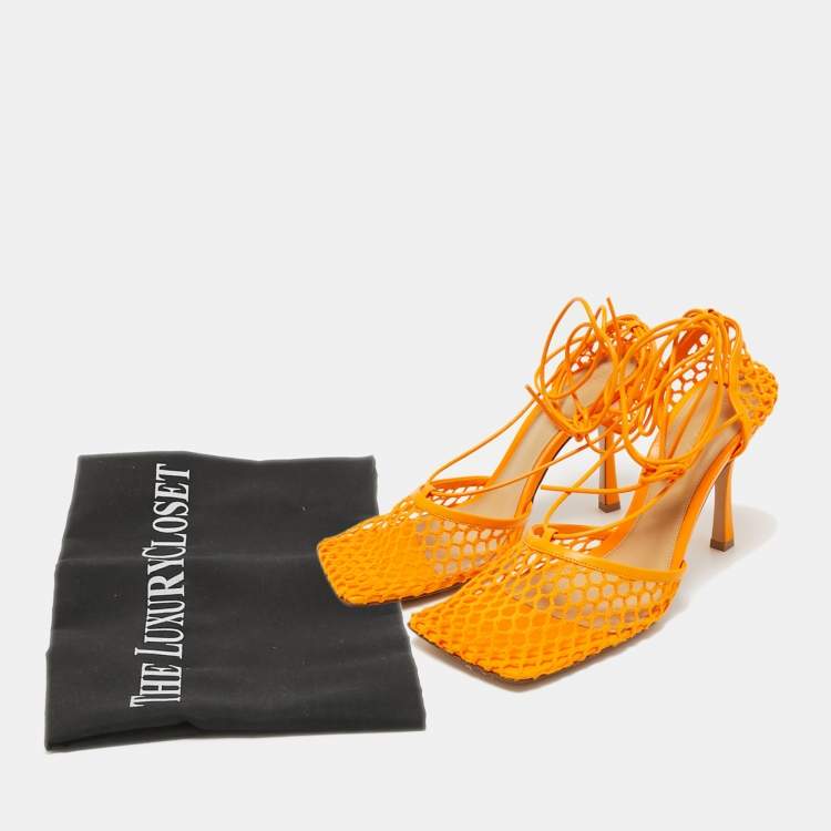 مملوكة مسبقًا Bottega Veneta Orange Leather and Mesh Stretch Ankle Strap Sandals Size 39