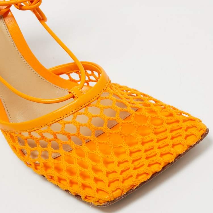 مملوكة مسبقًا Bottega Veneta Orange Leather and Mesh Stretch Ankle Strap Sandals Size 39