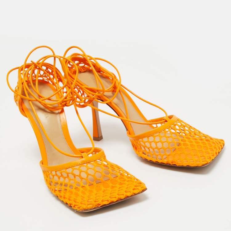 مملوكة مسبقًا Bottega Veneta Orange Leather and Mesh Stretch Ankle Strap Sandals Size 39