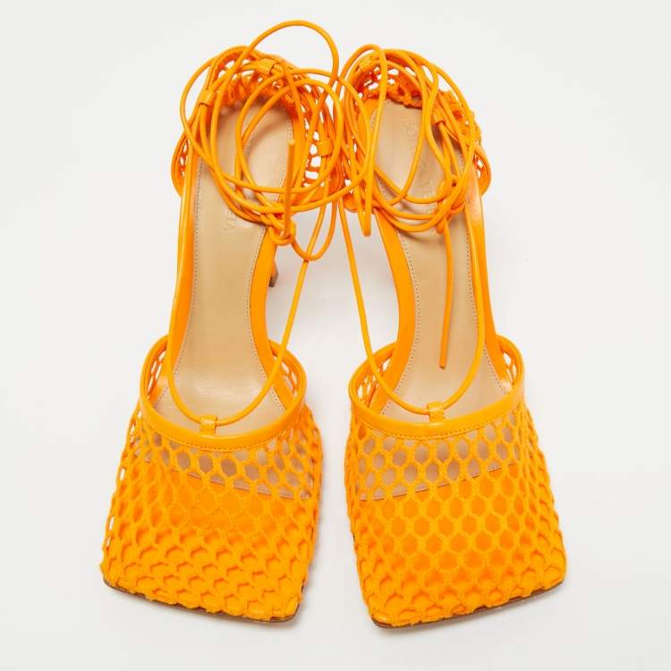 مملوكة مسبقًا Bottega Veneta Orange Leather and Mesh Stretch Ankle Strap Sandals Size 39
