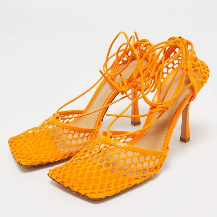 مملوكة مسبقًا Bottega Veneta Orange Leather and Mesh Stretch Ankle Strap Sandals Size 39