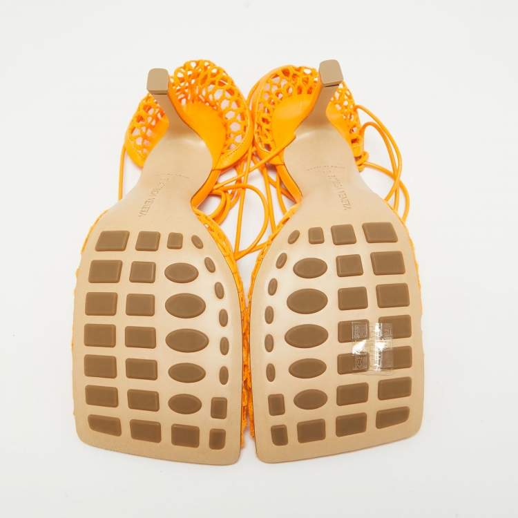 مملوكة مسبقًا Bottega Veneta Orange Leather and Mesh Stretch Ankle Strap Sandals Size 39