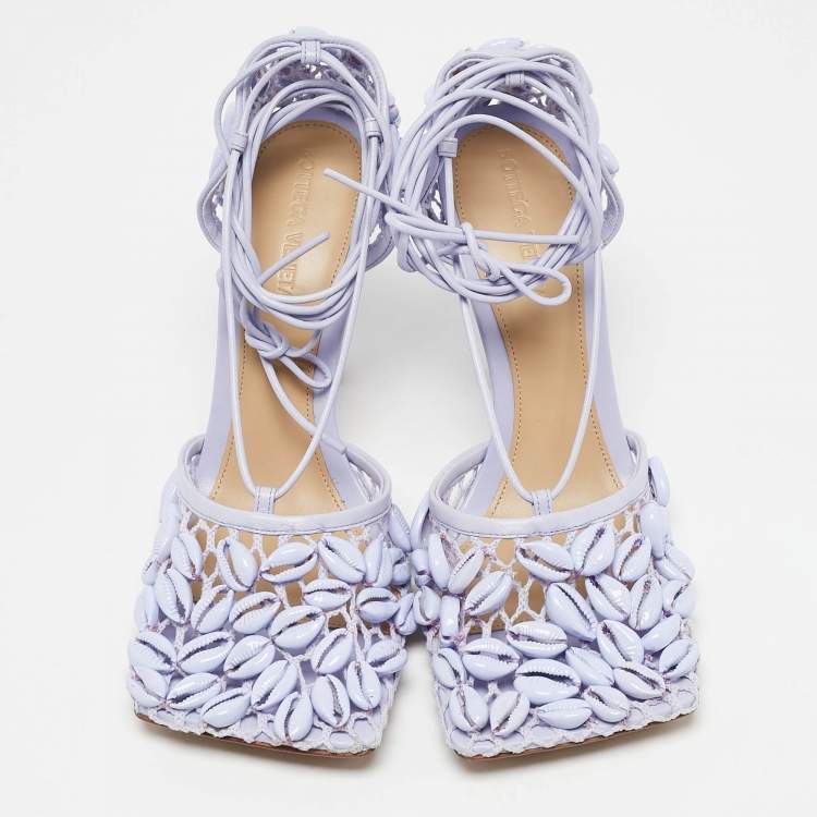مملوكة مسبقًا Bottega Veneta Purple Leather and Mesh Bead Embellished Stretch Ankle Strap Sandals Size 39