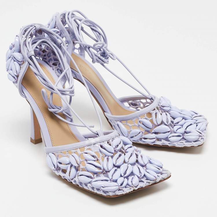 مملوكة مسبقًا Bottega Veneta Purple Leather and Mesh Bead Embellished Stretch Ankle Strap Sandals Size 39