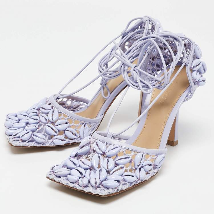 مملوكة مسبقًا Bottega Veneta Purple Leather and Mesh Bead Embellished Stretch Ankle Strap Sandals Size 39