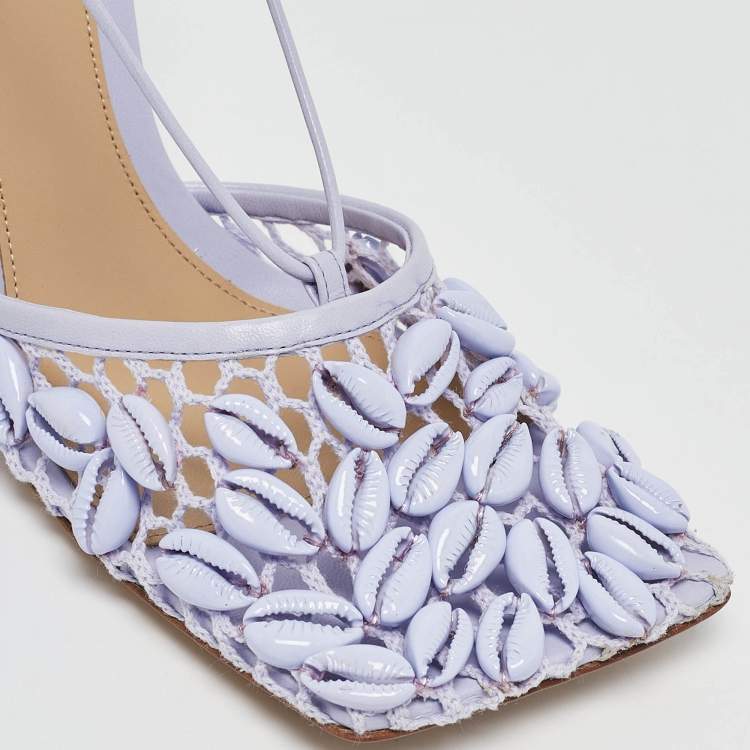 مملوكة مسبقًا Bottega Veneta Purple Leather and Mesh Bead Embellished Stretch Ankle Strap Sandals Size 39