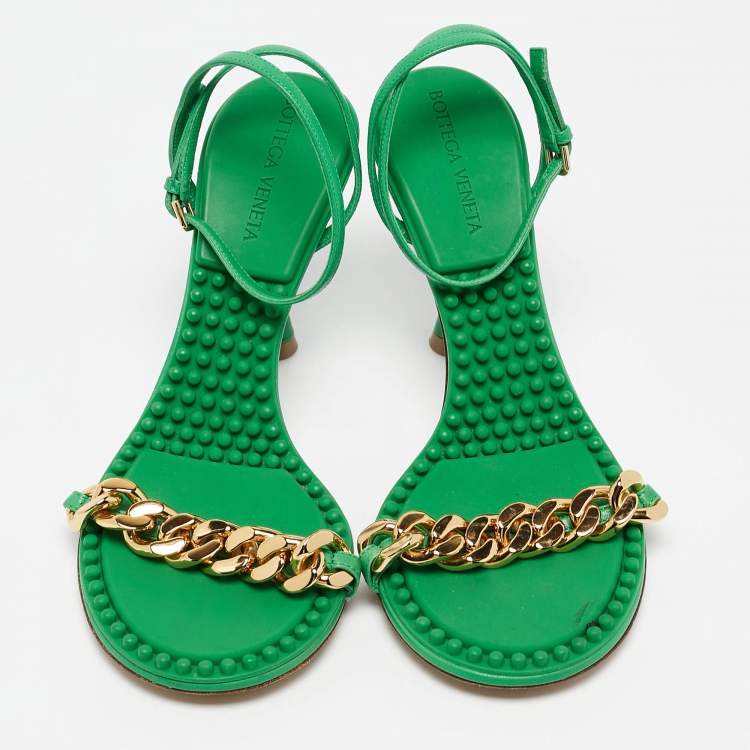 Pre Owned Bottega Veneta Green Leather Dot Embellished Leather Sandals Size 36
