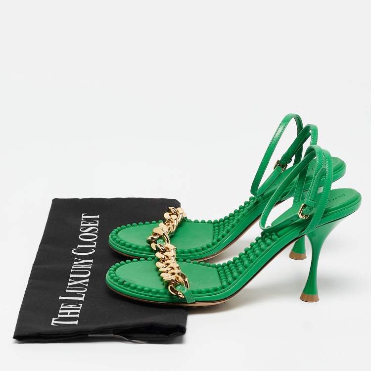 Pre Owned Bottega Veneta Green Leather Dot Embellished Leather Sandals Size 36