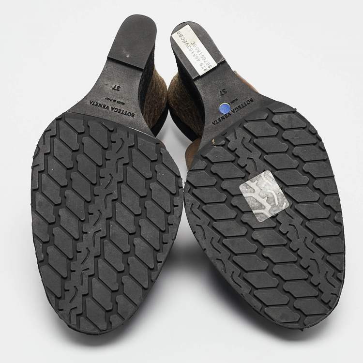 مملوكة مسبقًا Bottega Veneta Black/Brown Intrecciato Suede Espadrille Wedge Sandals Size 37