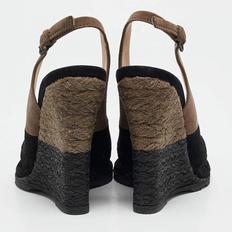 مملوكة مسبقًا Bottega Veneta Black/Brown Intrecciato Suede Espadrille Wedge Sandals Size 37