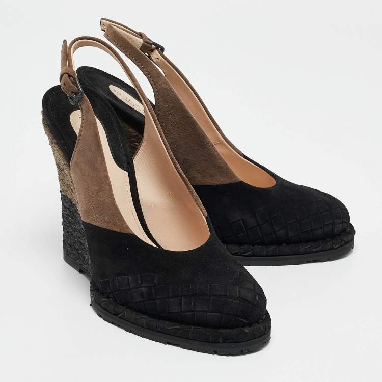 مملوكة مسبقًا Bottega Veneta Black/Brown Intrecciato Suede Espadrille Wedge Sandals Size 37