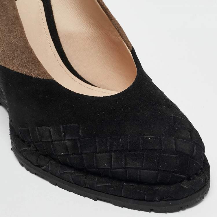 مملوكة مسبقًا Bottega Veneta Black/Brown Intrecciato Suede Espadrille Wedge Sandals Size 37