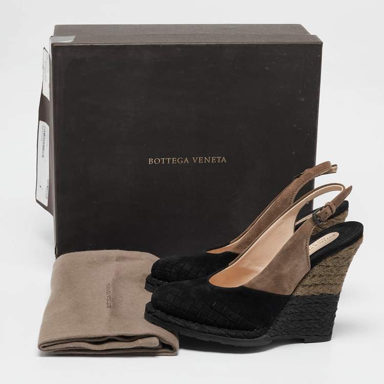 مملوكة مسبقًا Bottega Veneta Black/Brown Intrecciato Suede Espadrille Wedge Sandals Size 37