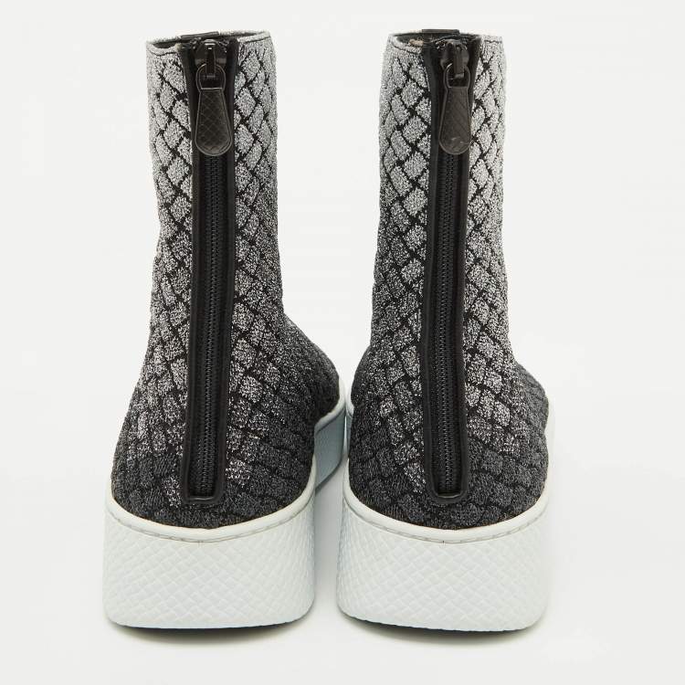 Pre Owned Bottega Veneta Black/Silver Intrecciato Metallic Lurex Fabric Sneaker Boots Size 40