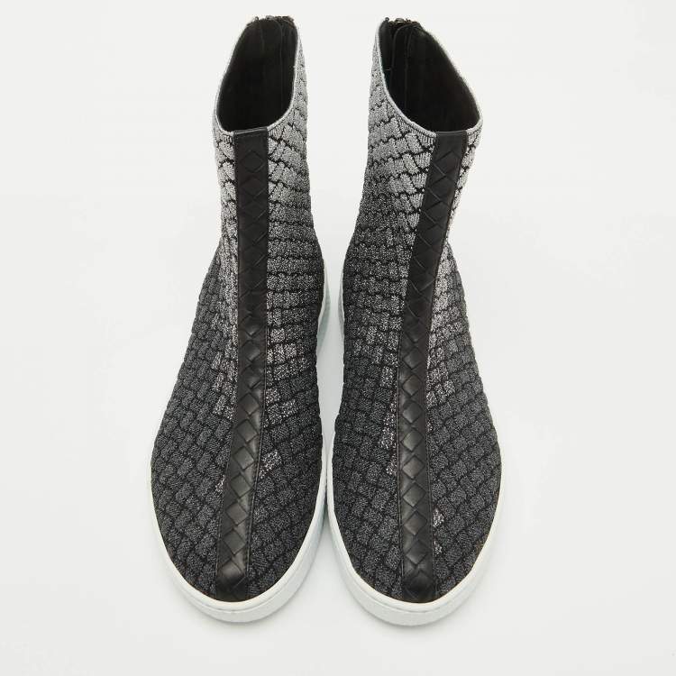 Pre Owned Bottega Veneta Black/Silver Intrecciato Metallic Lurex Fabric Sneaker Boots Size 40